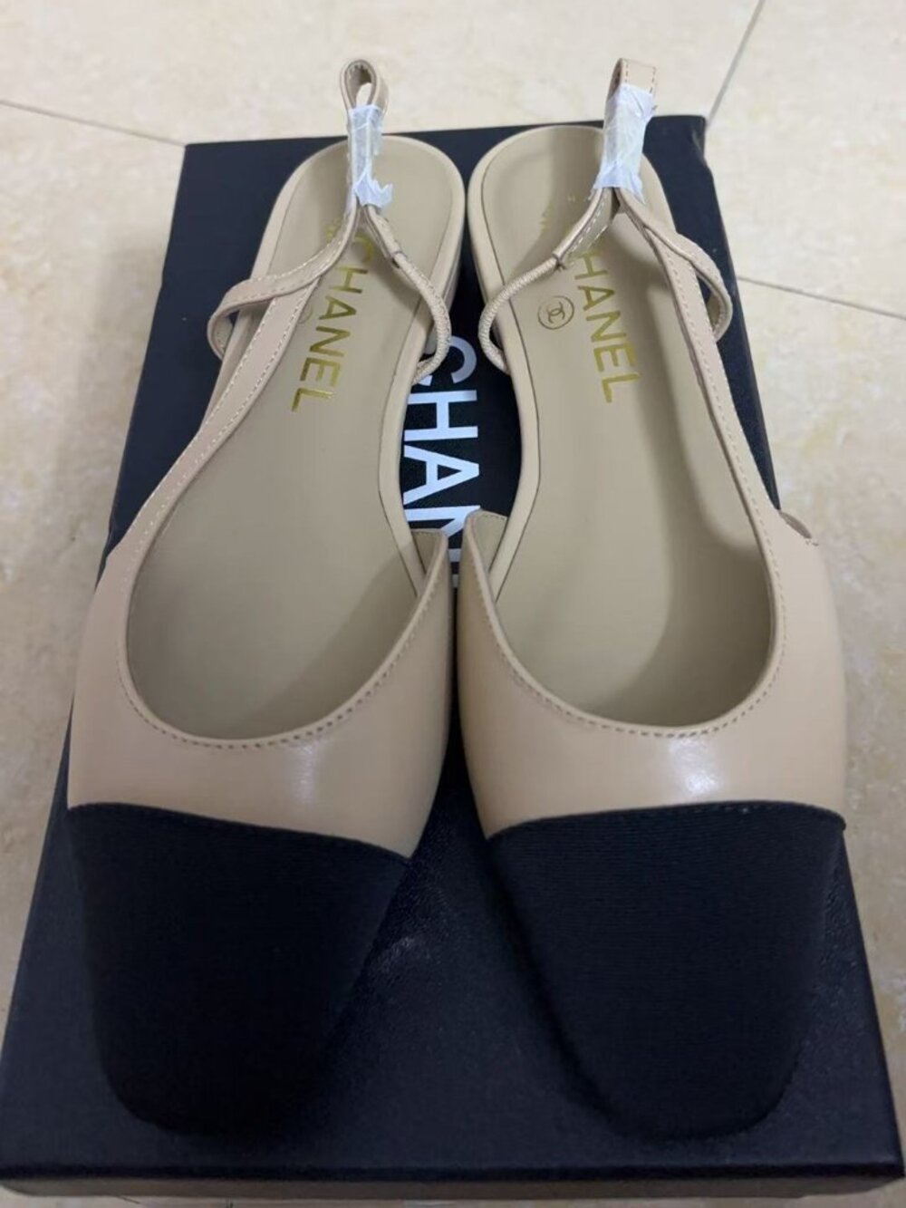 Chanel Goatskin Slingback Beige/Black Flat